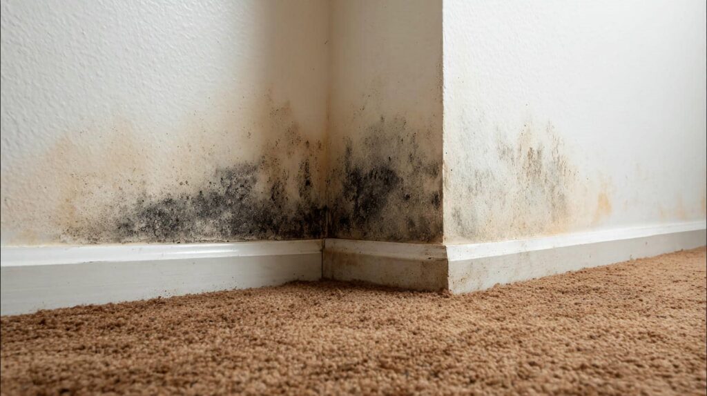 Black mold growth on the lower corner of white walls above a brown carpet.