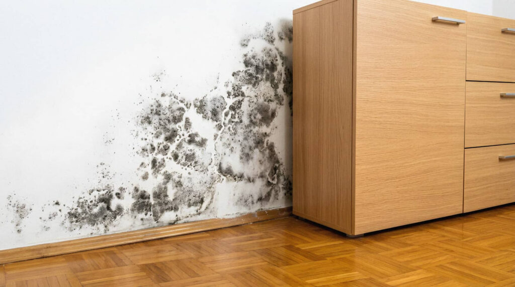 Mold growth on a wall beside a wooden cabinet.