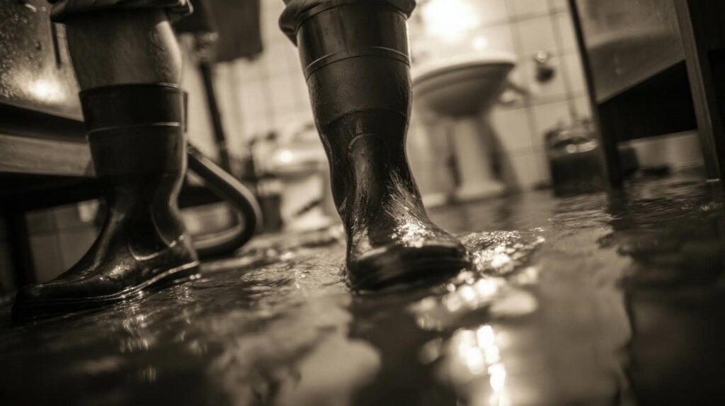 Person wearing rubber boots standing in a flooded bathroom with water on the floor.
