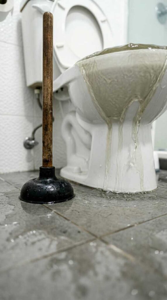 Overflowing toilet with water spilling onto the bathroom floor next to a plunger.