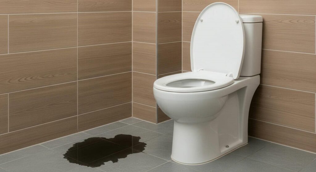 White toilet with open lid next to a large dark water puddle on a tiled bathroom floor.