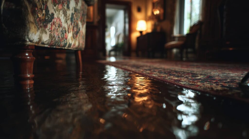 Floodwater covering a dimly lit living room floor.