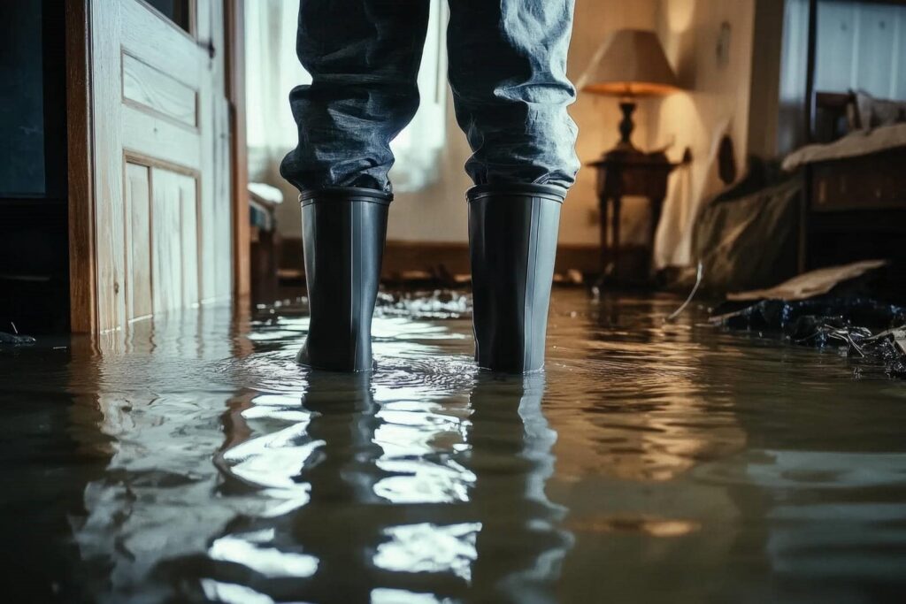 Person wearing rubber boots standing in a flooded room with water covering the floor.