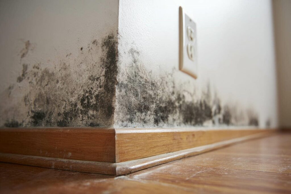 Black mold growth on the lower corner of a white wall near a wooden baseboard and electrical outlet.