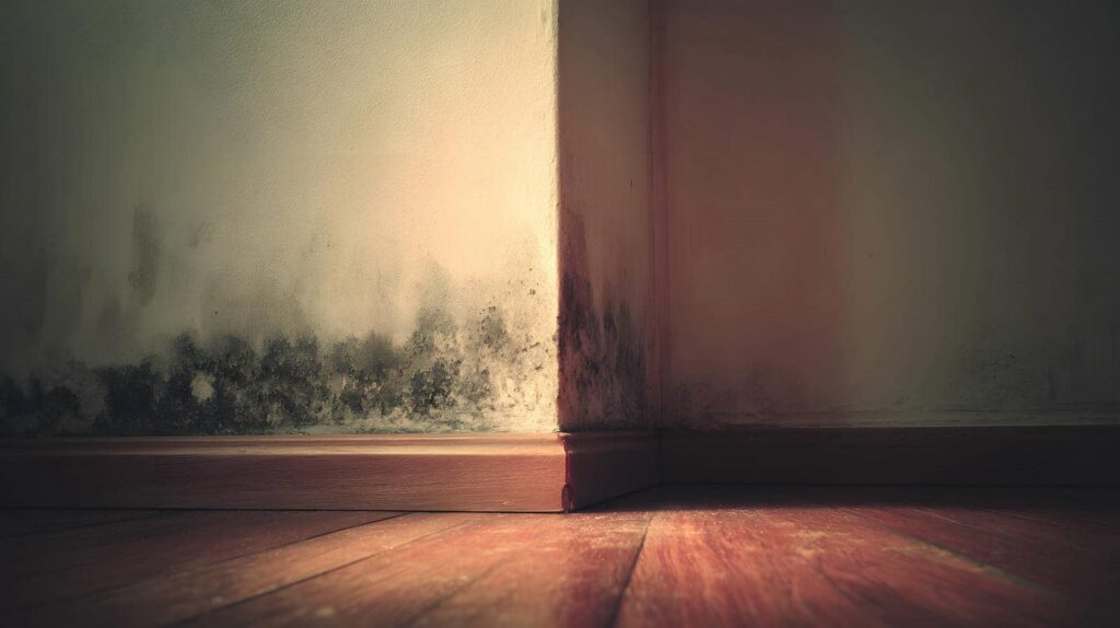 Corner of a room with mold growing on the lower part of the walls near the wooden floor.