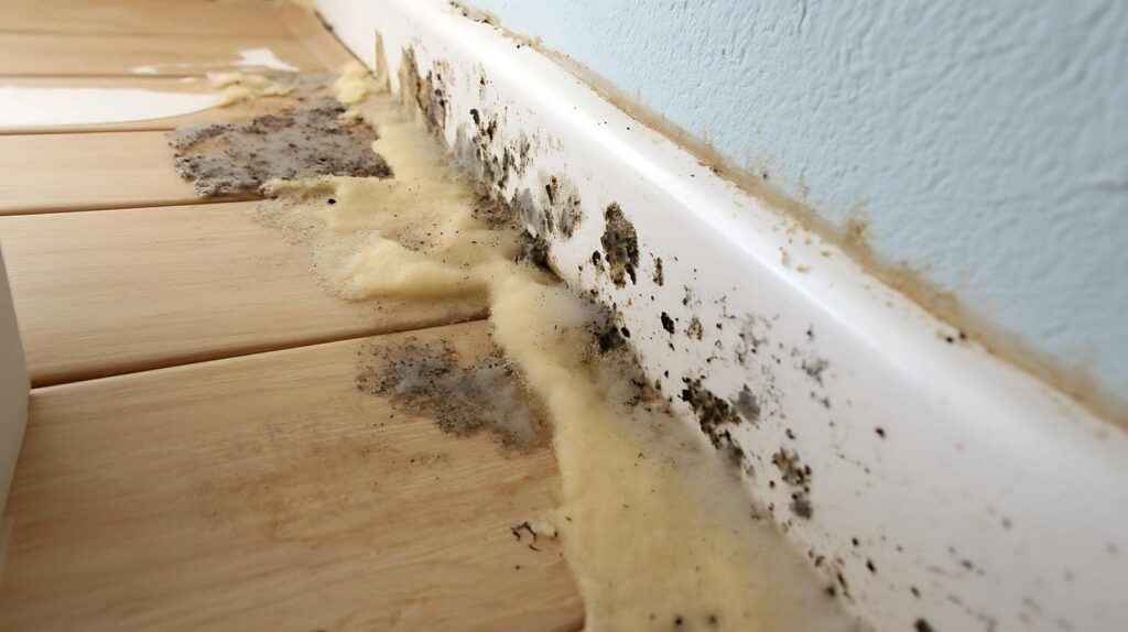 Mold and foam insulation damage along a baseboard on a wooden floor.