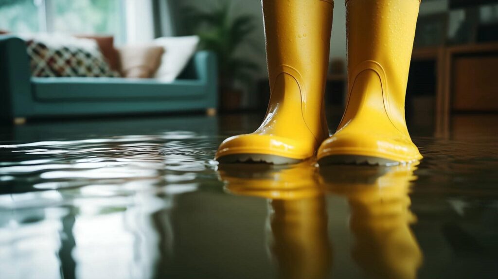 Yellow rain boots standing in a flooded living room with water reflecting the surroundings.