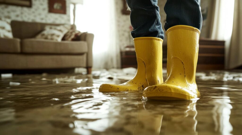 Person wearing yellow rain boots standing in a flooded living room with water covering the floor.