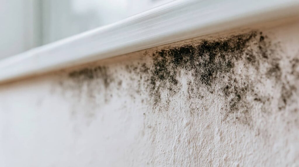 Black mold growing on a white wall near a window sill.
