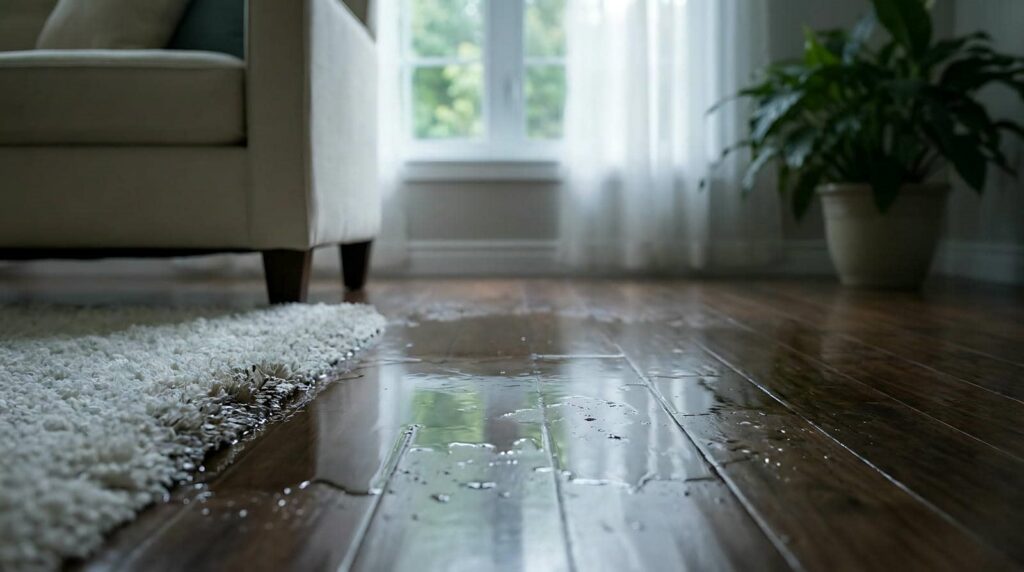 Water spilled on a wooden floor next to a beige couch and a white rug in a living room.