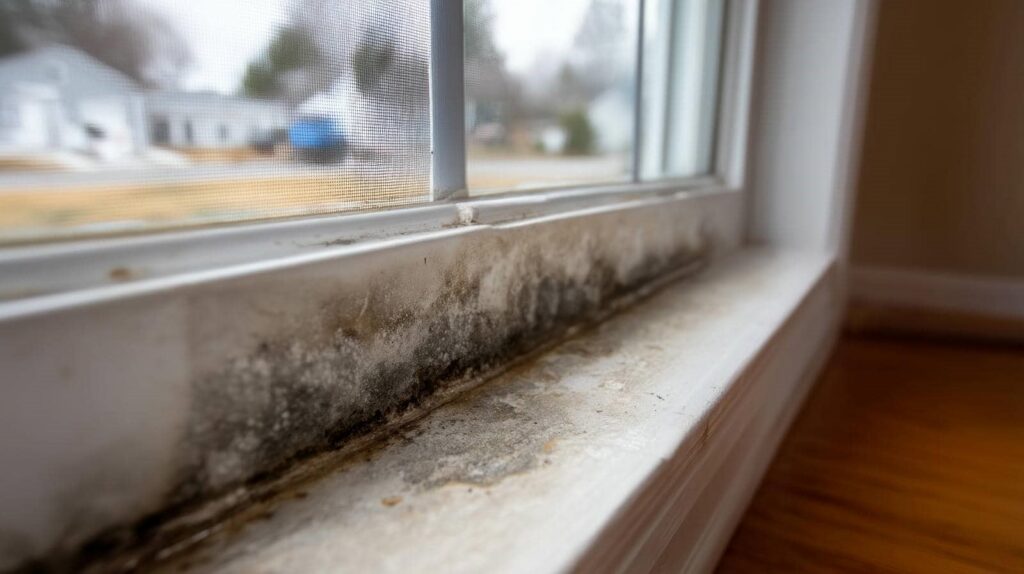 Mold growth along the bottom edge of a white window sill inside a house.