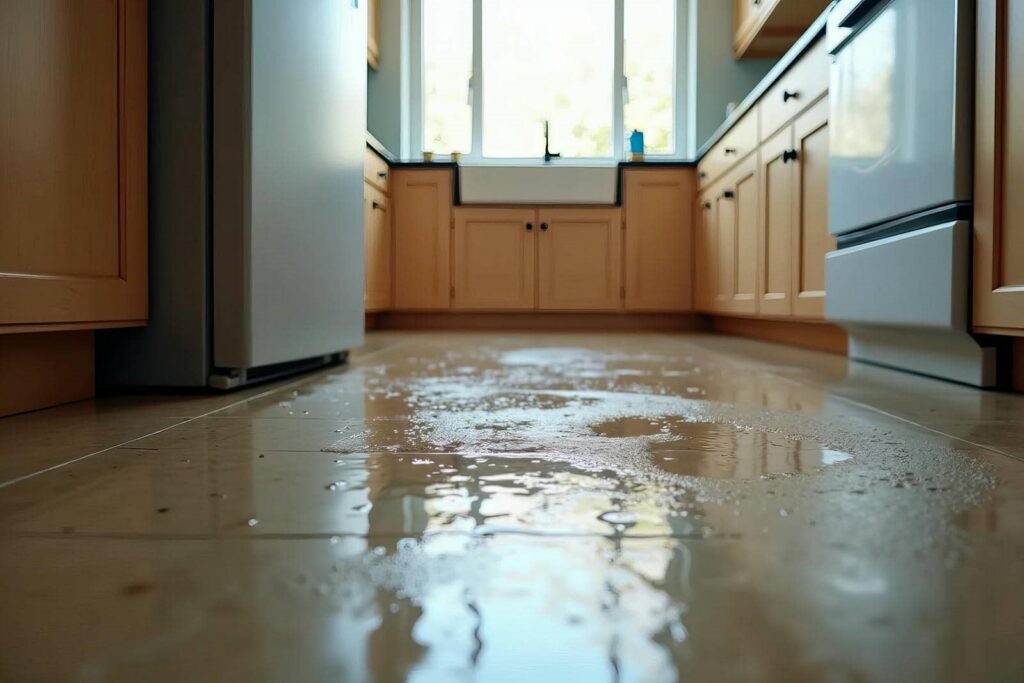 Water spilled on a kitchen floor with wooden cabinets and appliances.