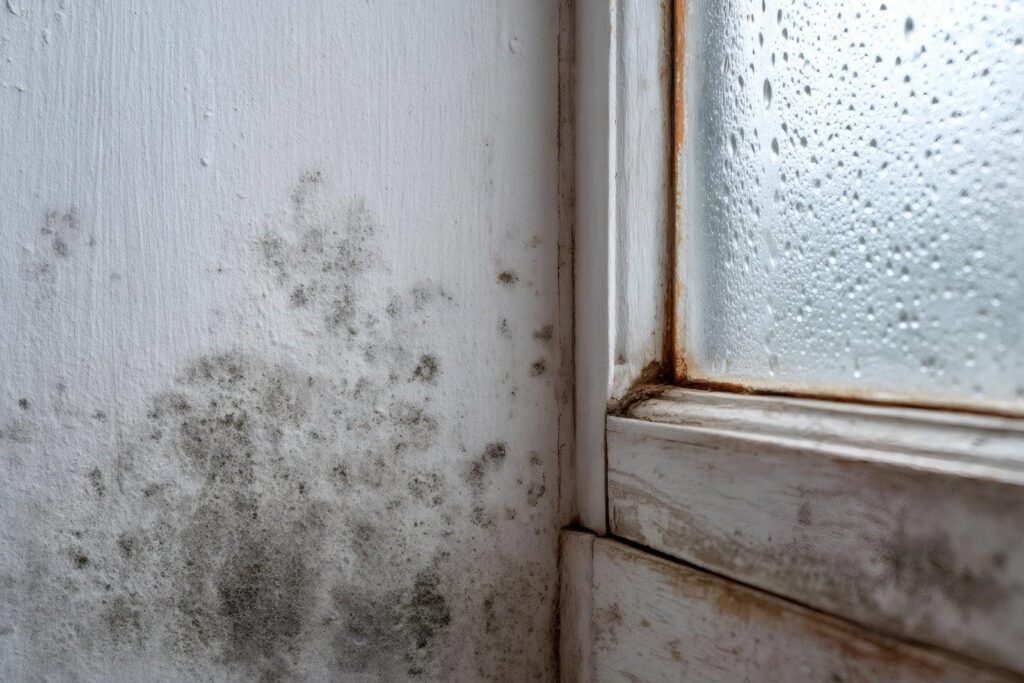 Mold growth on a white wall next to a window with condensation and rust stains.