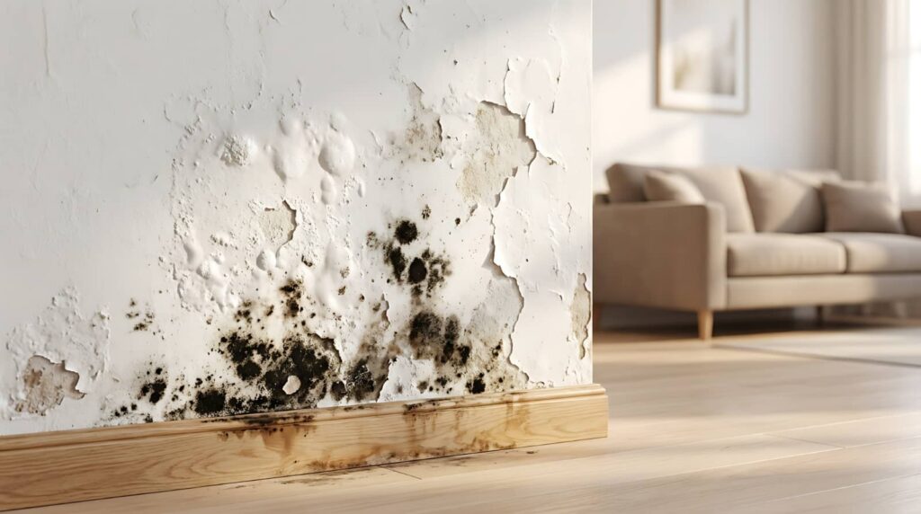 Wall with black mold and peeling paint near a wooden baseboard in a living room.