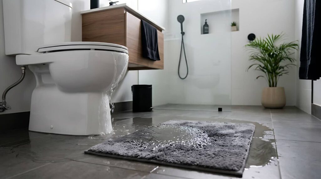 Bathroom toilet overflowing onto the floor.