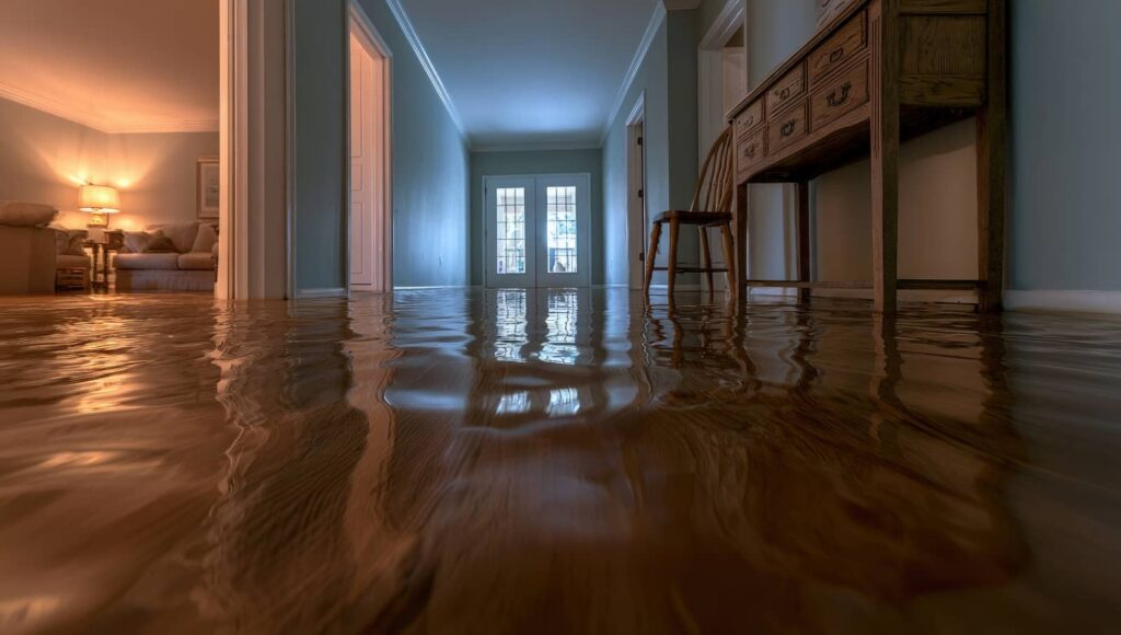 Flooded hallway in a home with water covering the floor.