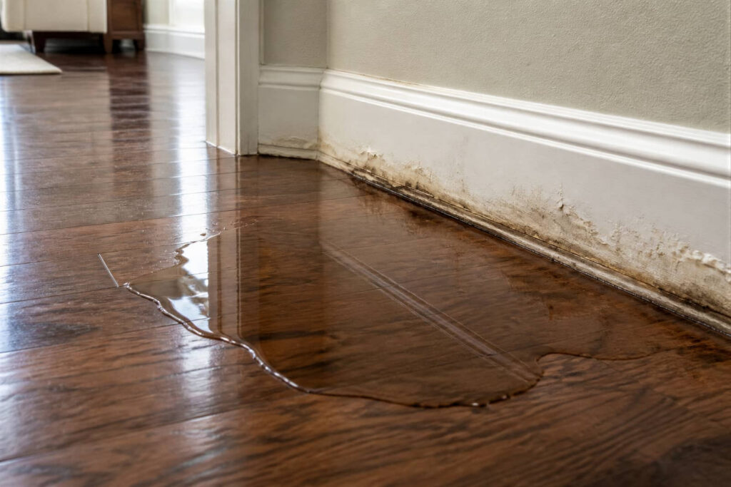 Water pooling on hardwood floor beside a damaged baseboard.
