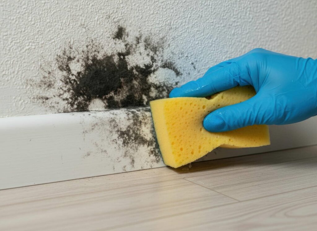 Hand in blue glove scrubbing black mold off white wall and baseboard with yellow sponge.