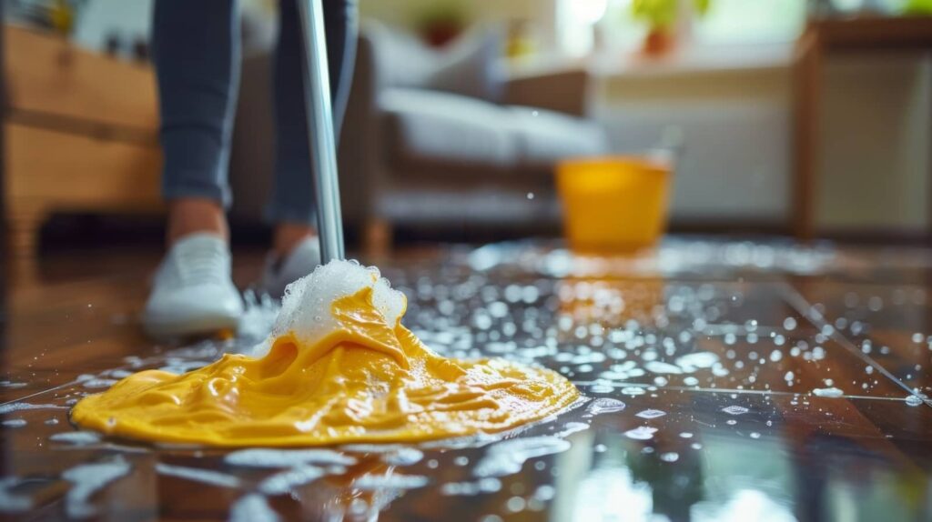Yellow mop with soap suds cleaning a wet wooden floor indoors.