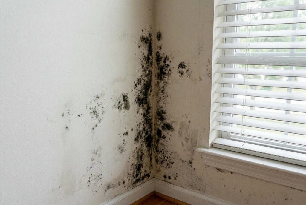 Black mold growing on the corner walls near a window with white blinds.