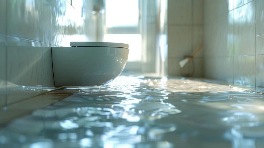 Bathroom floor flooded with water near a wall-mounted toilet.
