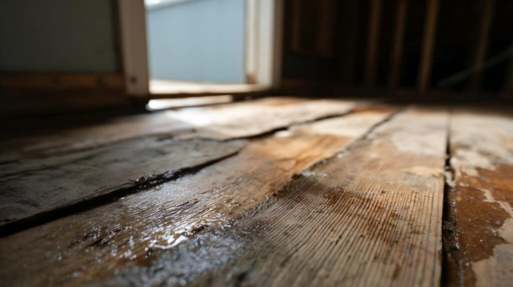 Close-up of wet, damaged wooden floorboards inside a dimly lit room.