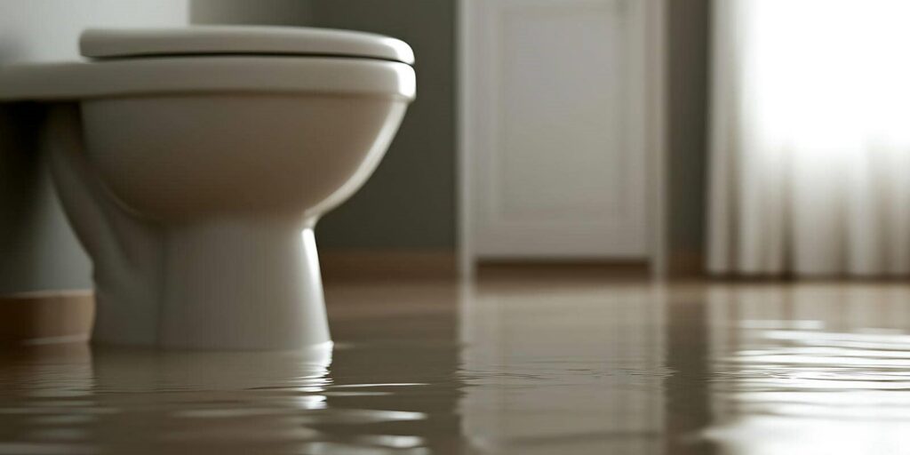 Toilet bowl partially submerged in floodwater inside a bathroom.