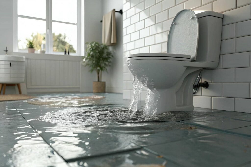 Toilet overflowing with water flooding the bathroom floor.