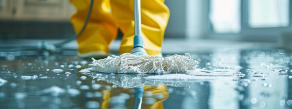 Person in yellow boots mopping a wet floor with soap suds.