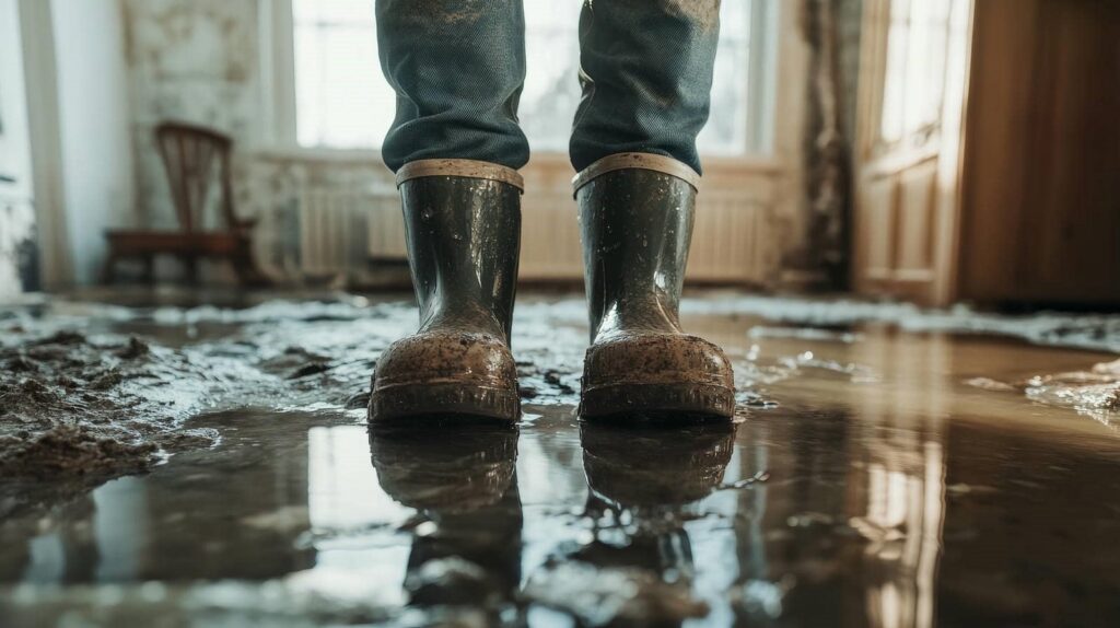 Person wearing muddy rubber boots standing in a flooded, muddy indoor room.
