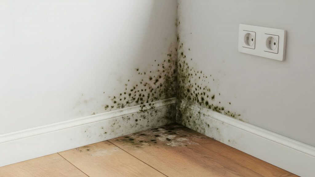 Black mold growing on the corner walls and baseboards above a wooden floor near electrical outlets.