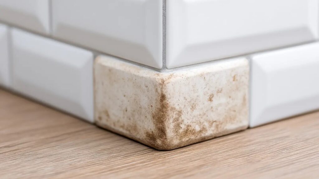 Corner tile with visible mold and dirt buildup near the floor on a white tiled wall.