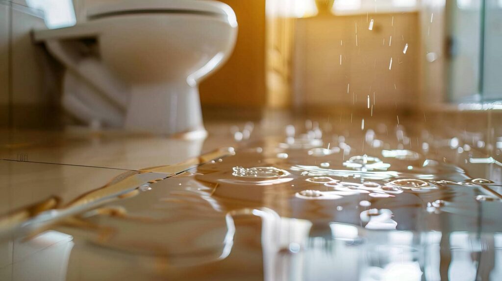 Water leaking and pooling on a bathroom floor near a toilet.