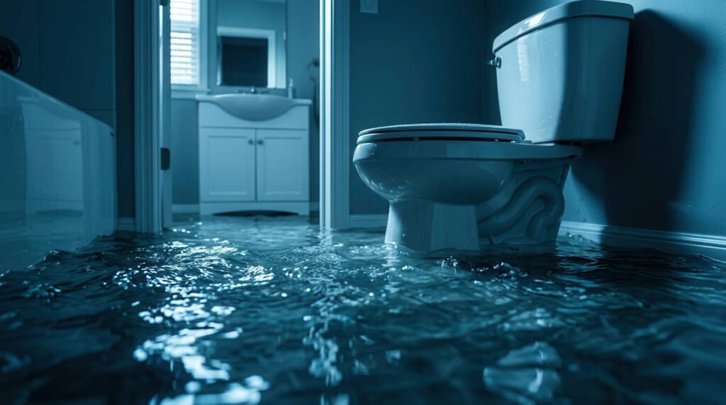 Flooded bathroom with water around a toilet.