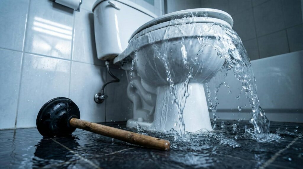 Overflowing toilet with water flooding the floor and a plunger lying nearby.