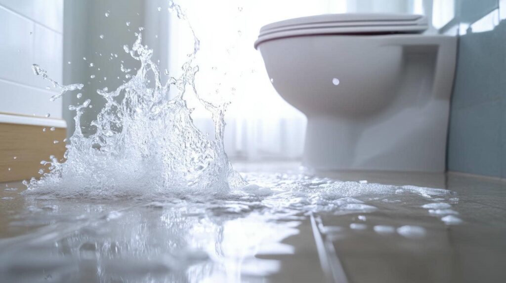 Water splashing on a bathroom floor near a white toilet.
