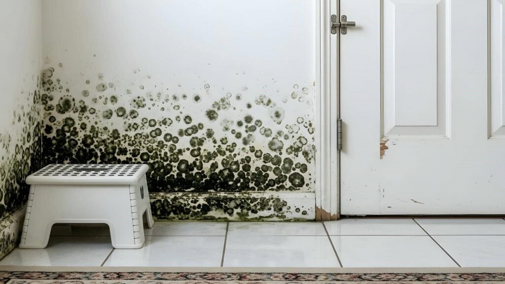 Black mold growing on the lower corner walls near a white door with a small plastic step stool.
