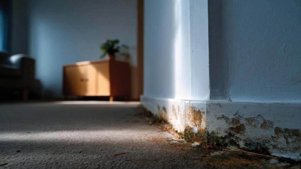 Mold and dirt buildup along the baseboard of a white wall in a dimly lit room.