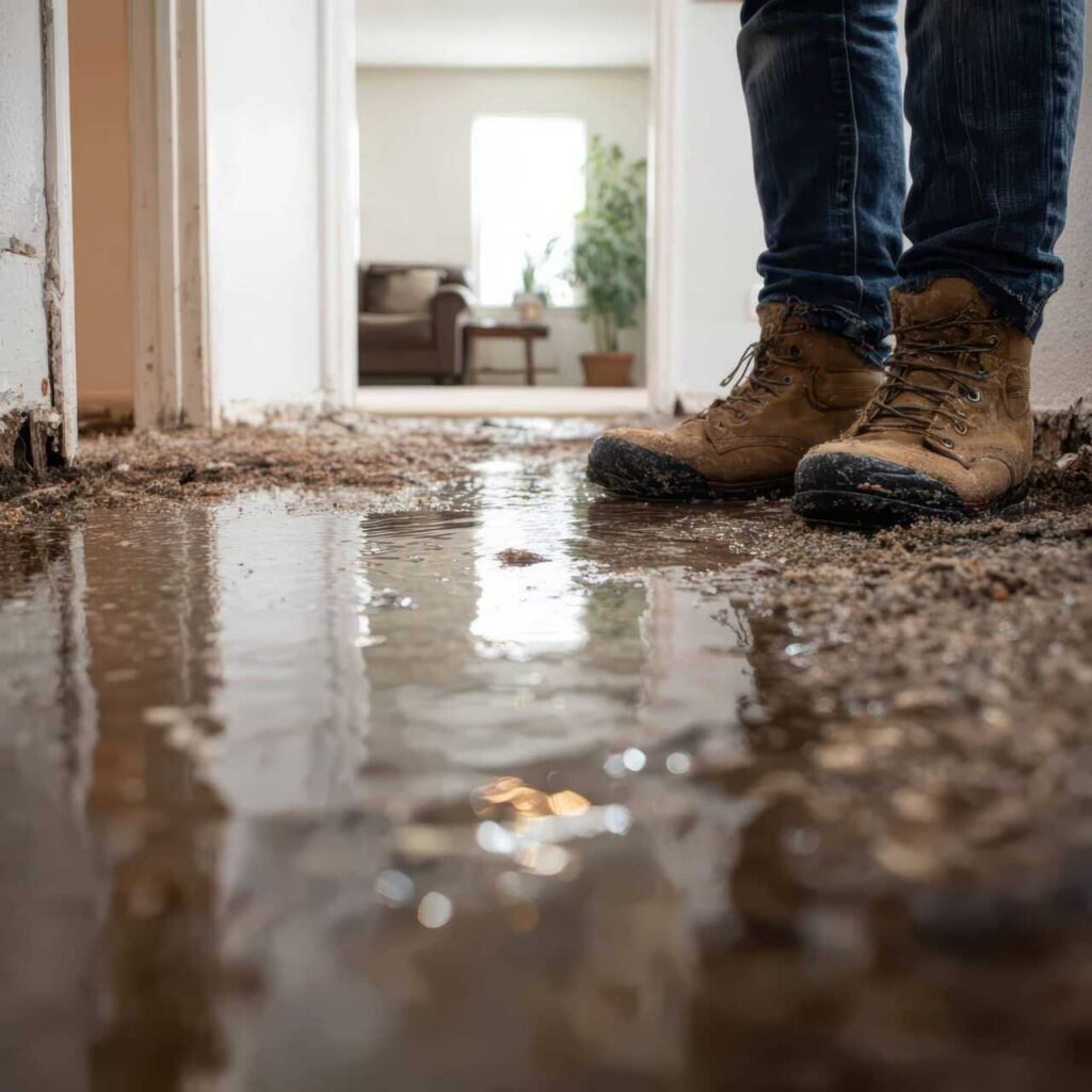 Mud-covered boots standing in a flooded hallway.