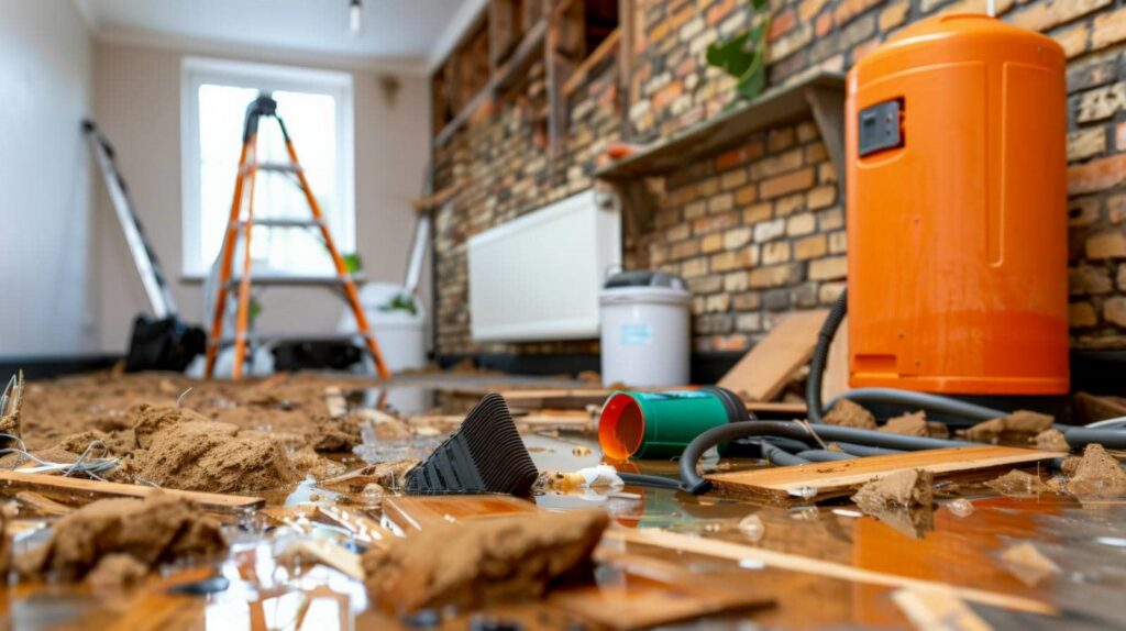Flooded room with debris, tools, and an orange water heater against a brick wall.