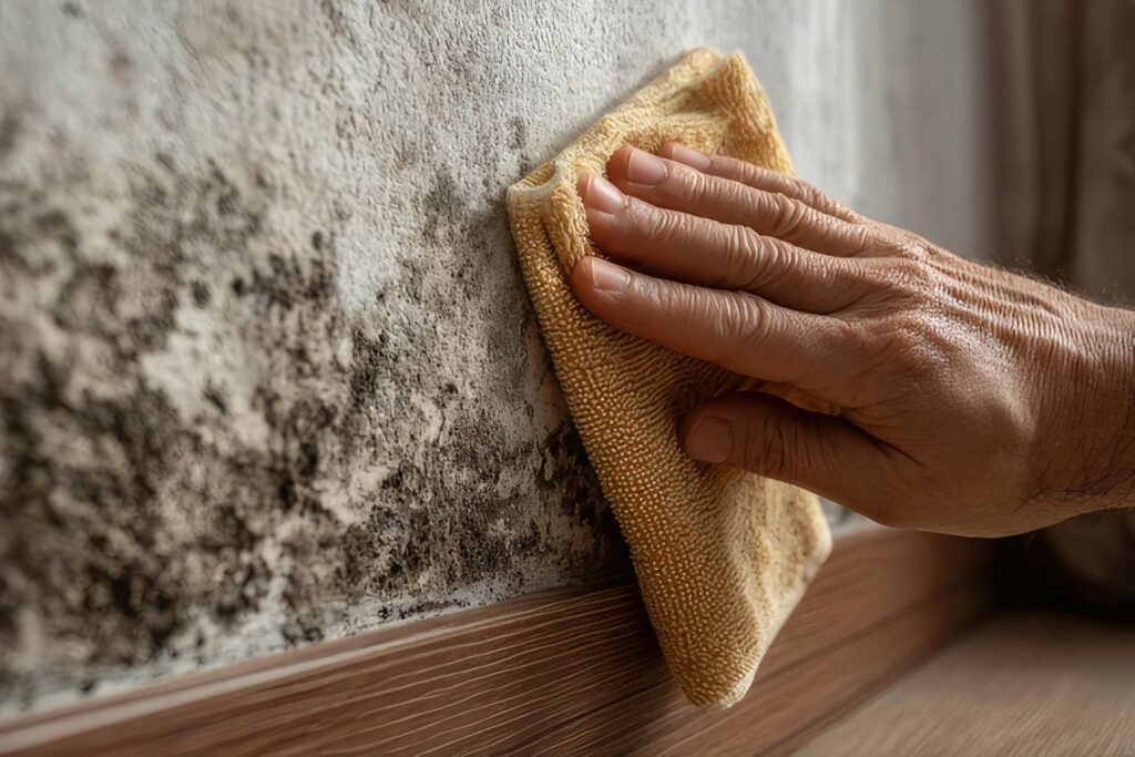 Hand wiping moldy wall near wooden baseboard with a yellow cloth.