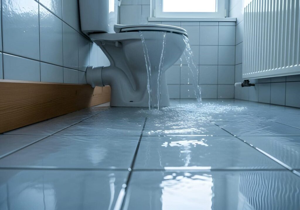 Toilet overflowing with water flooding the tiled bathroom floor.