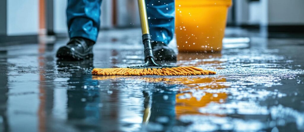 Person mopping a wet floor with an orange mop and yellow bucket in the background.