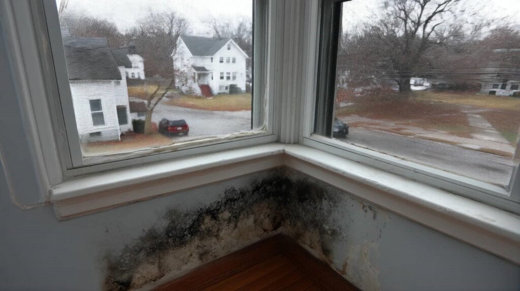 Black mold growth on the lower corner wall beneath two windows in a room.