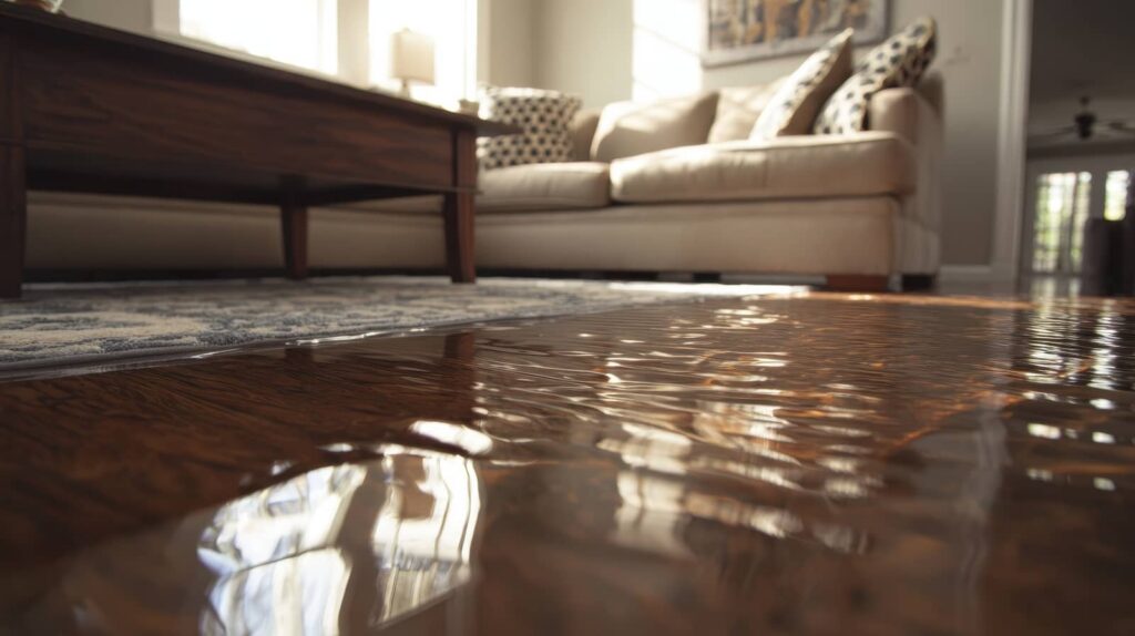 Flooded living room with water covering the hardwood floor.