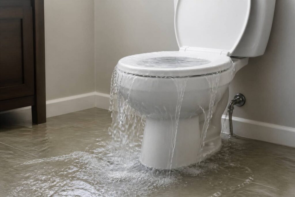 Overflowing toilet flooding a bathroom floor.