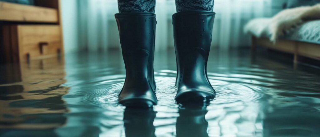 Person wearing black rain boots standing in a flooded room with water covering the floor.