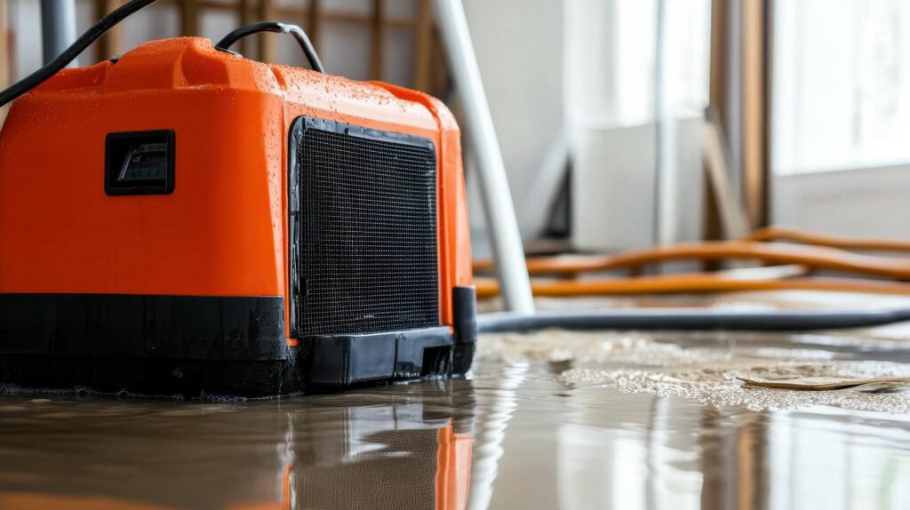 Orange water pump partially submerged in floodwater inside a building.