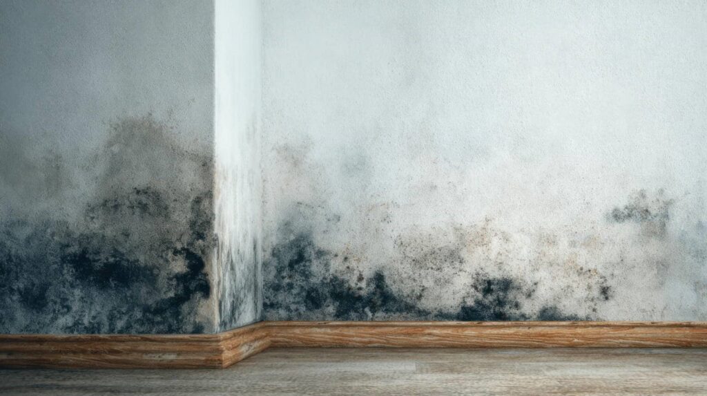 Corner of a room with white walls and severe black mold growth near the wooden baseboards.
