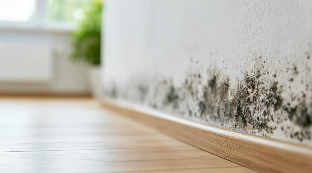 Black mold growing along the bottom edge of a white wall above a wooden floor.